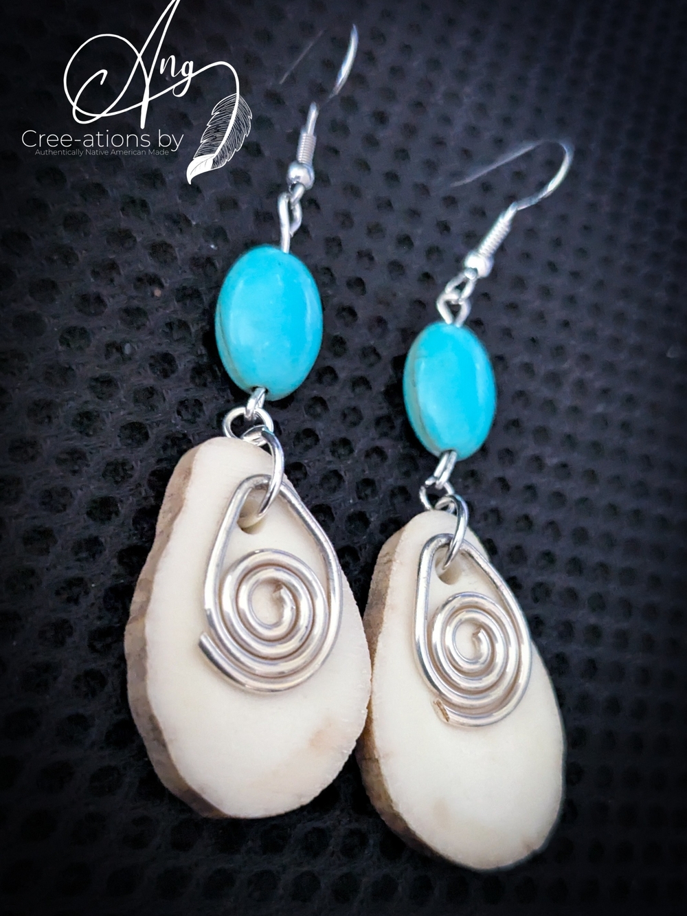 Native American Elk Antler And Turquoise Spiral Drop Earrings